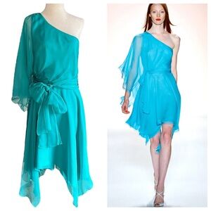 Allen Schwartz Sheer Flowy One Shoulder Handkerchief Hem Dress